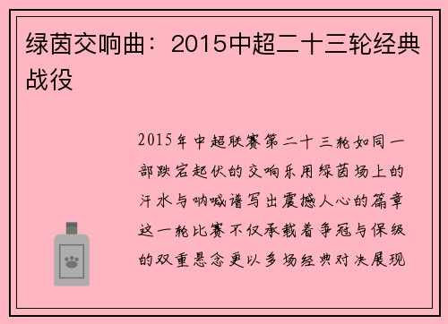 绿茵交响曲：2015中超二十三轮经典战役